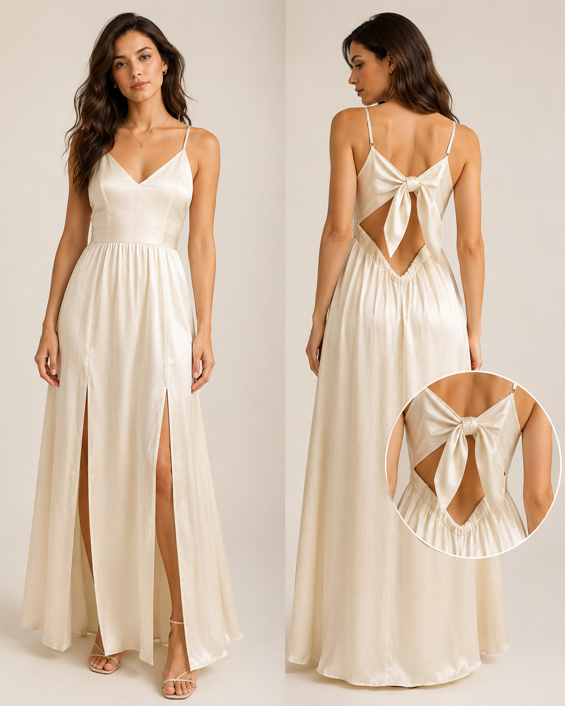 Abito Lungo Donna in Raso con Schiena Scoperta e Fiocco – Vestito Elegante