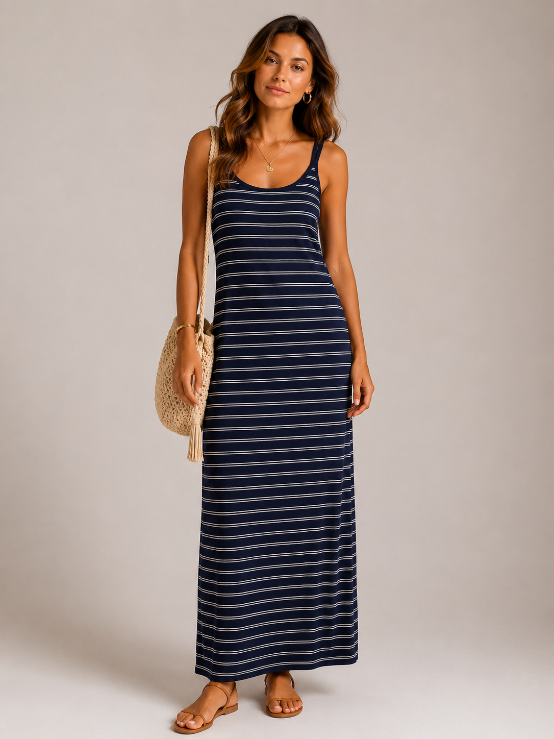 Abito Lungo Donna a Righe con Spalline Sottili