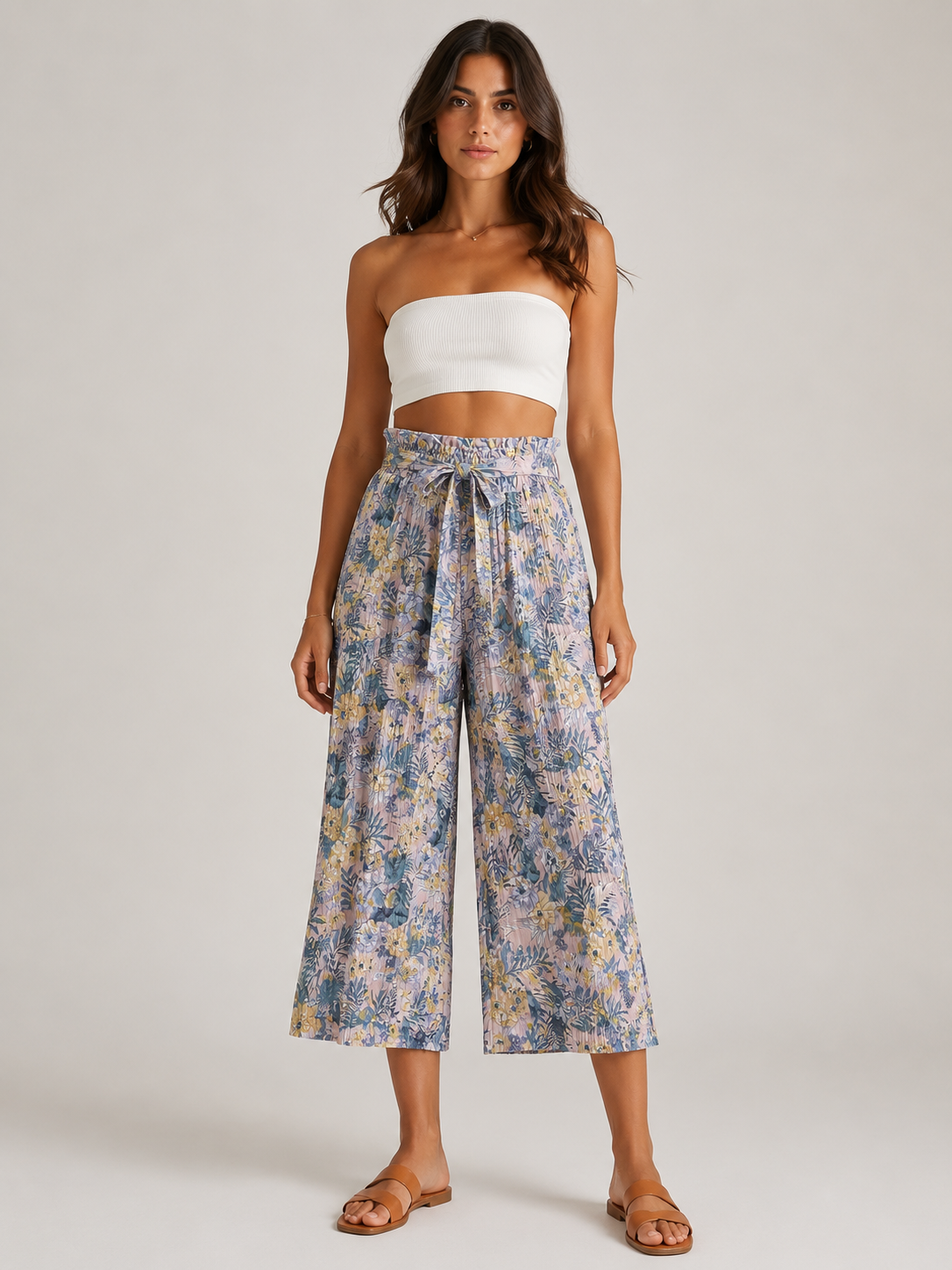 Pantalone Palazzo Plissé Donna Fantasia Floreale con Cintura (BQ865-32)