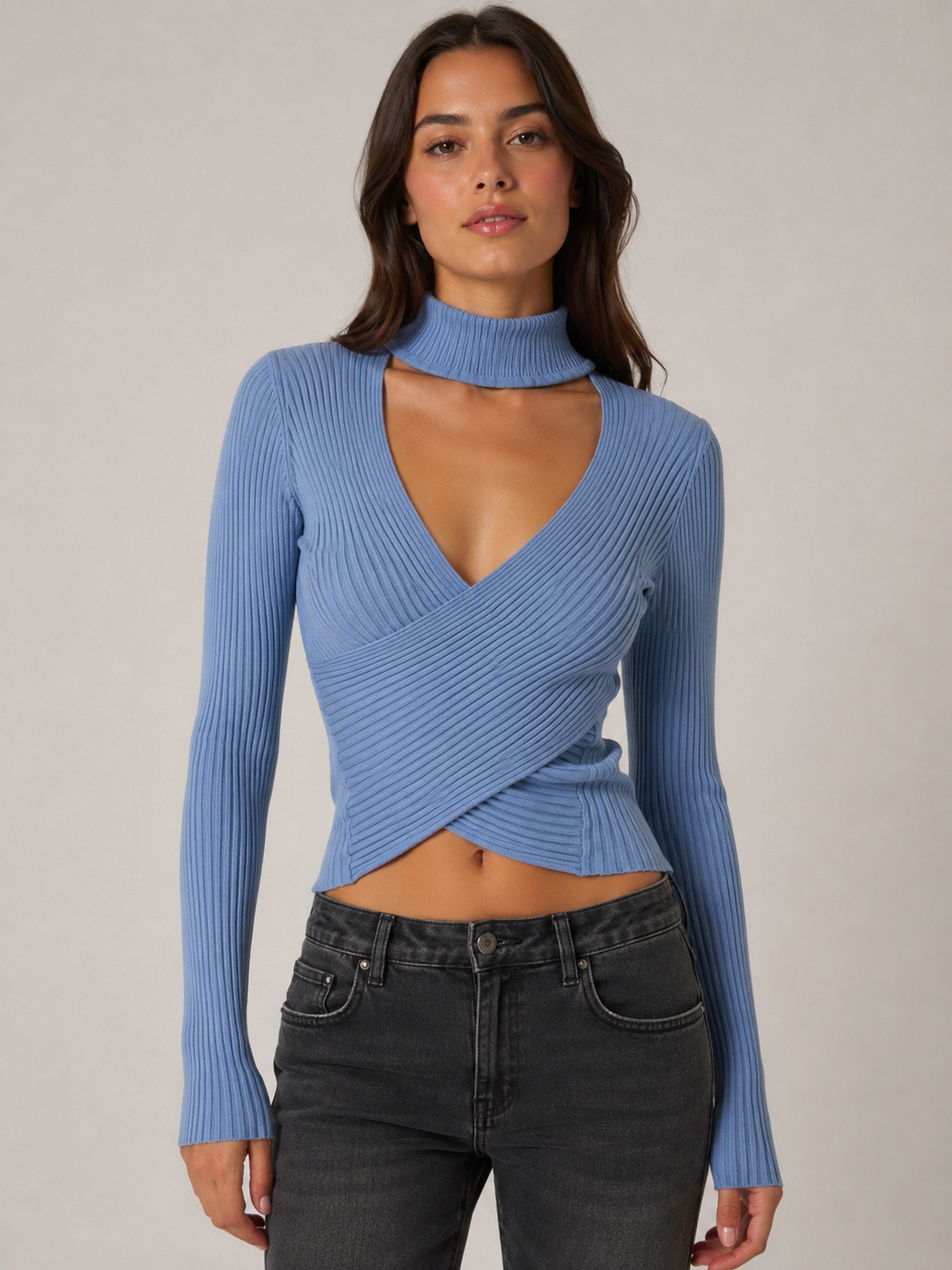 Maglia Donna a Coste Incrociata con Collo Alto