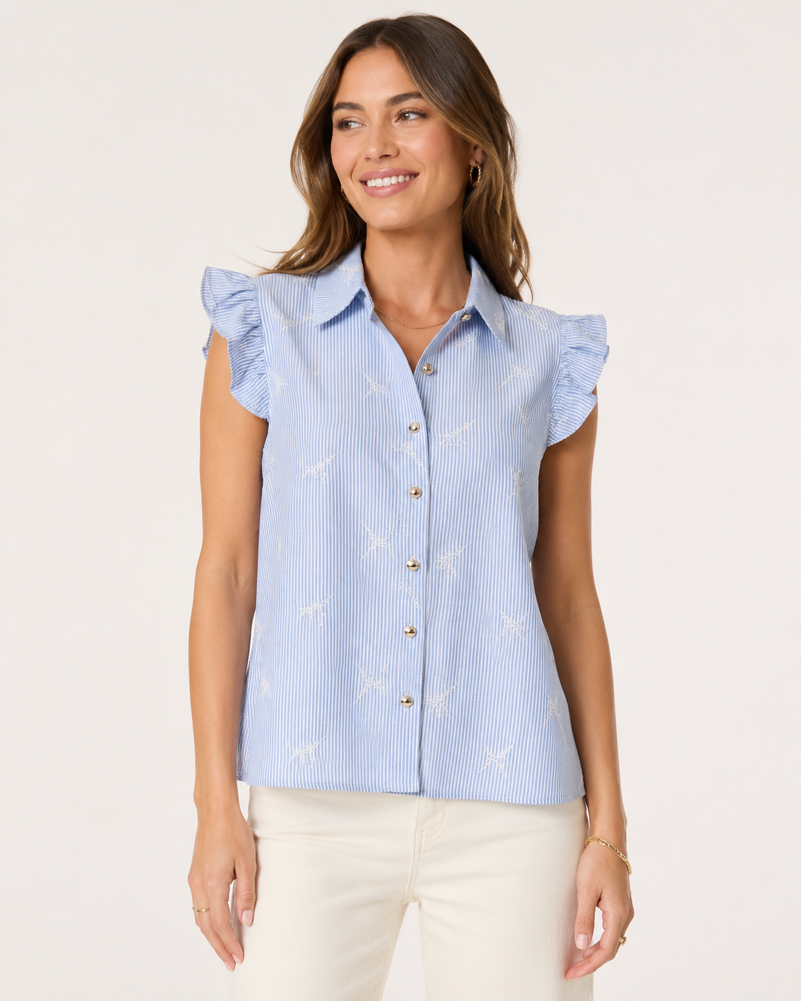 Camicia Donna a Righe con Volant e Ricami – Blusa Elegante