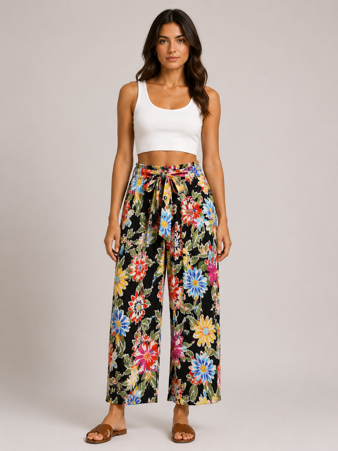 Pantalone Palazzo Donna Fantasia Floreale con Cintura (865-13)