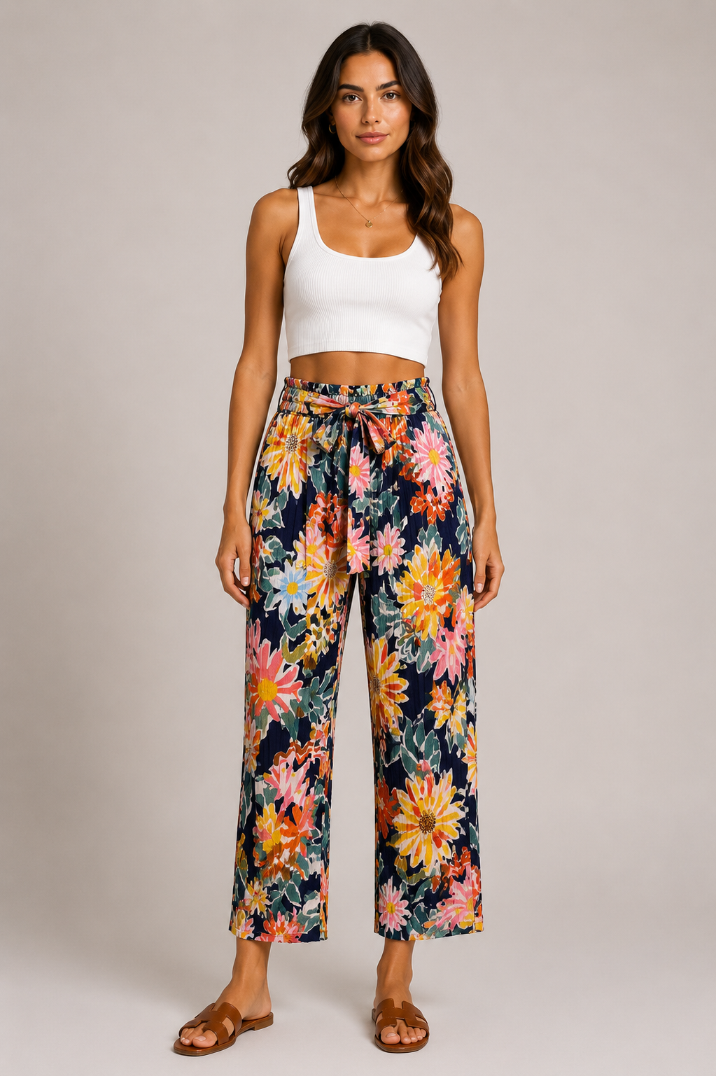 Pantalone Palazzo Donna Fantasia Floreale con Cintura (865-13)
