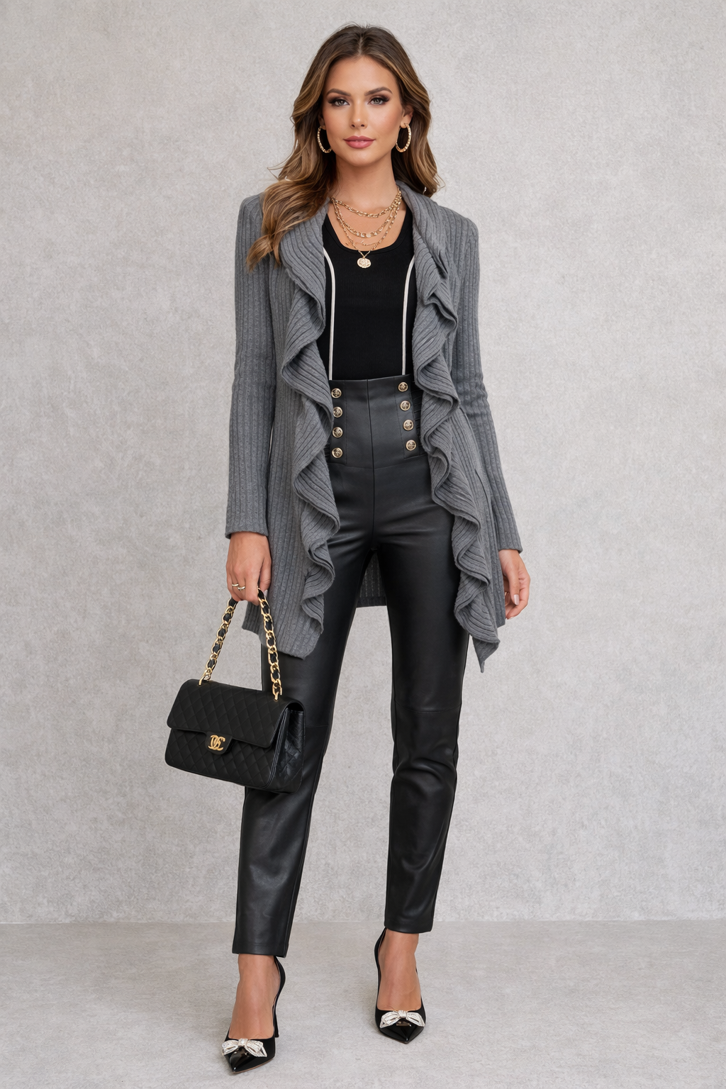 Promo tre pezzi cardigan + canotta + leggings ecopelle