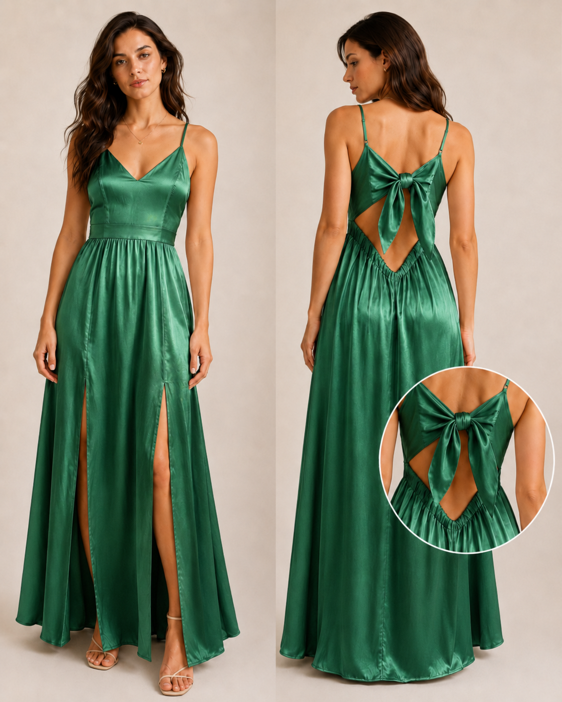 Abito Lungo Donna in Raso con Schiena Scoperta e Fiocco – Vestito Elegante