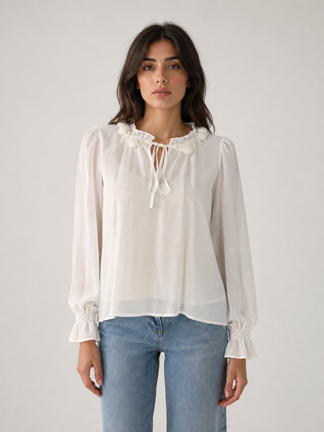 Blusa Donna in Chiffon con Fiori Applicati
