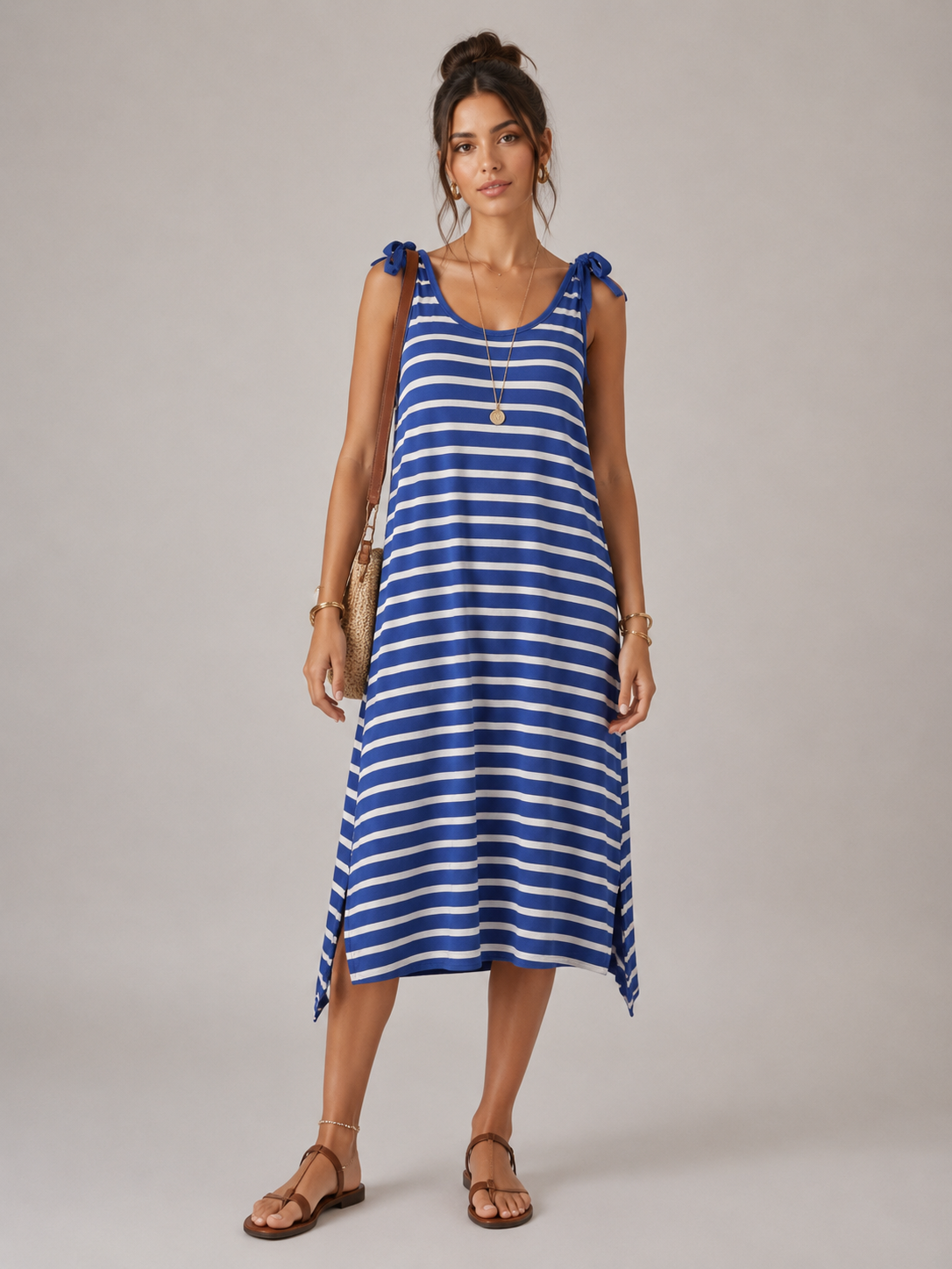 Abito Midi Donna a Righe con Spalline a Fiocco