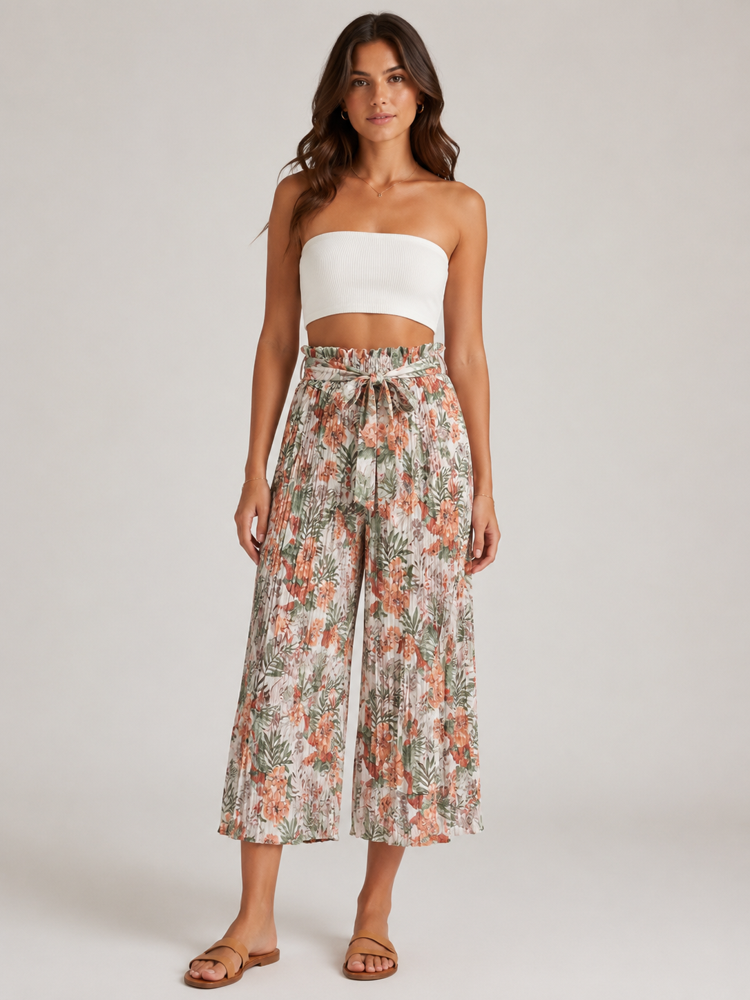 Pantalone Palazzo Plissé Donna Fantasia Floreale con Cintura (BQ865-32)