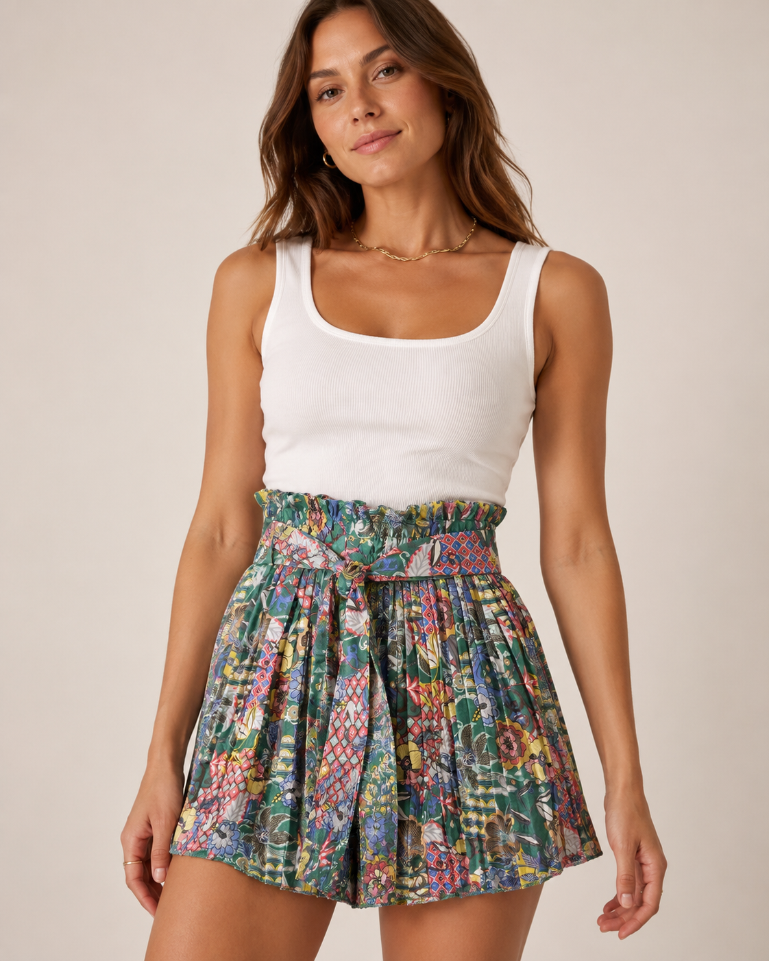 Gonna Pantalone Fantasia con Cintura – Shorts Gonna Vita Alta