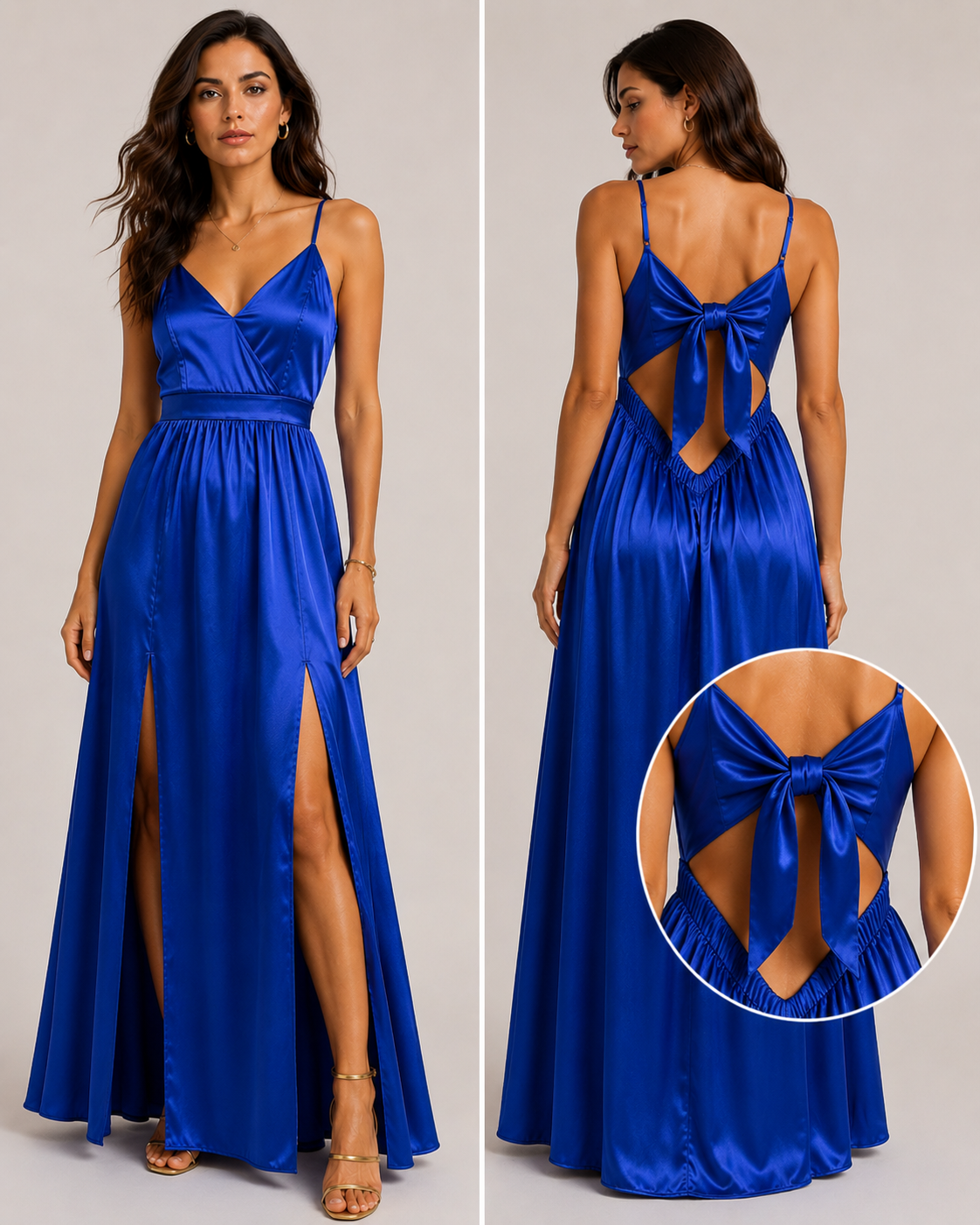 Abito Lungo Donna in Raso con Schiena Scoperta e Fiocco – Vestito Elegante