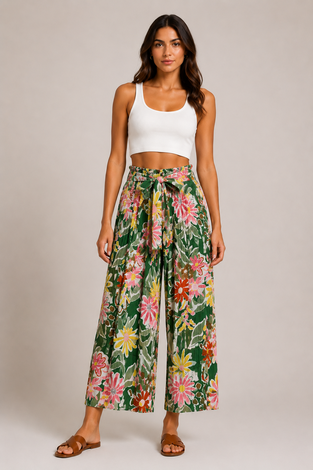 Pantalone Palazzo Donna Fantasia Floreale con Cintura (865-13)