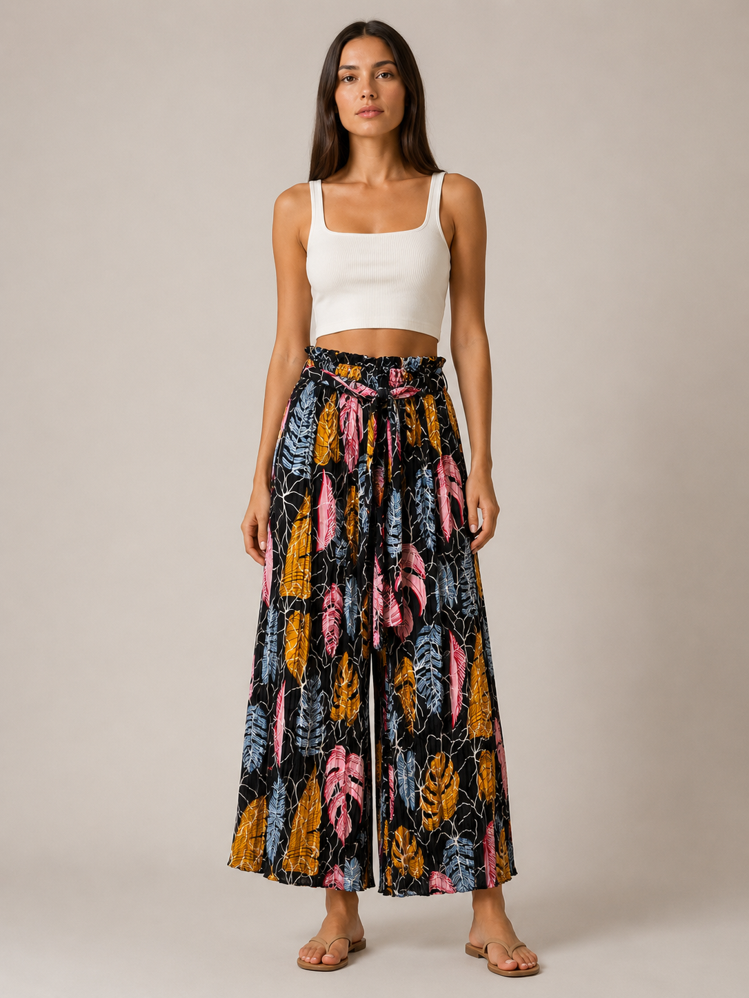 Pantalone Palazzo Donna Fantasia Foglie con Cintura (BQ865-42)