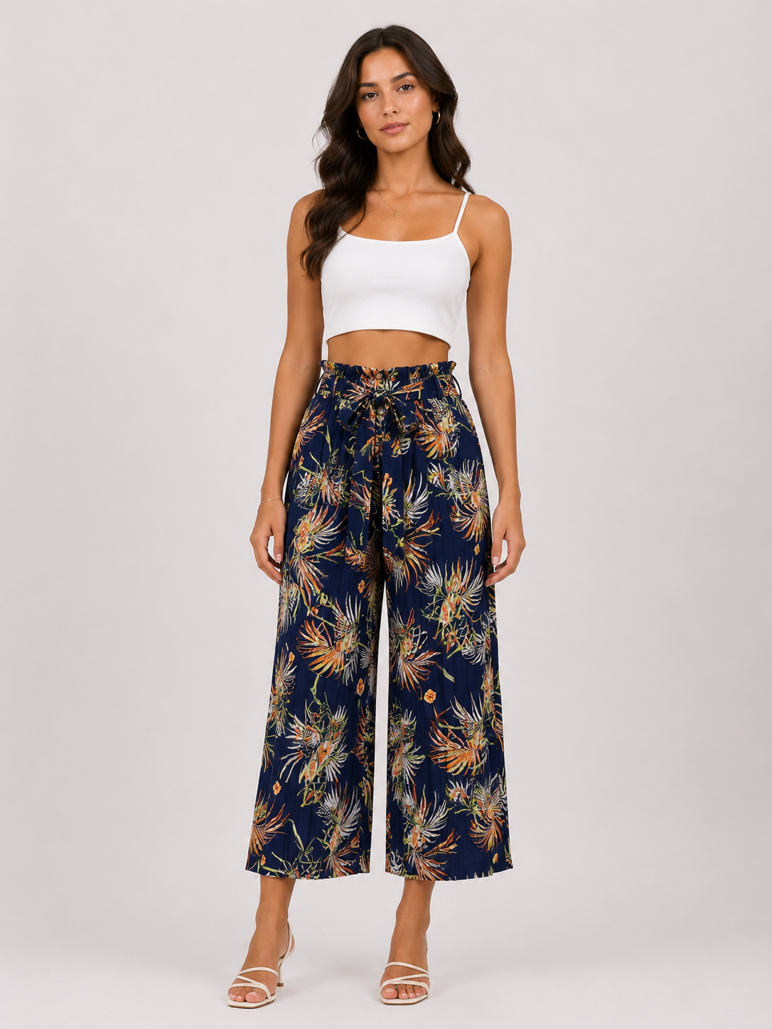 Pantalone Palazzo Donna Fantasia Tropicale con Cintura (BQ865-30)
